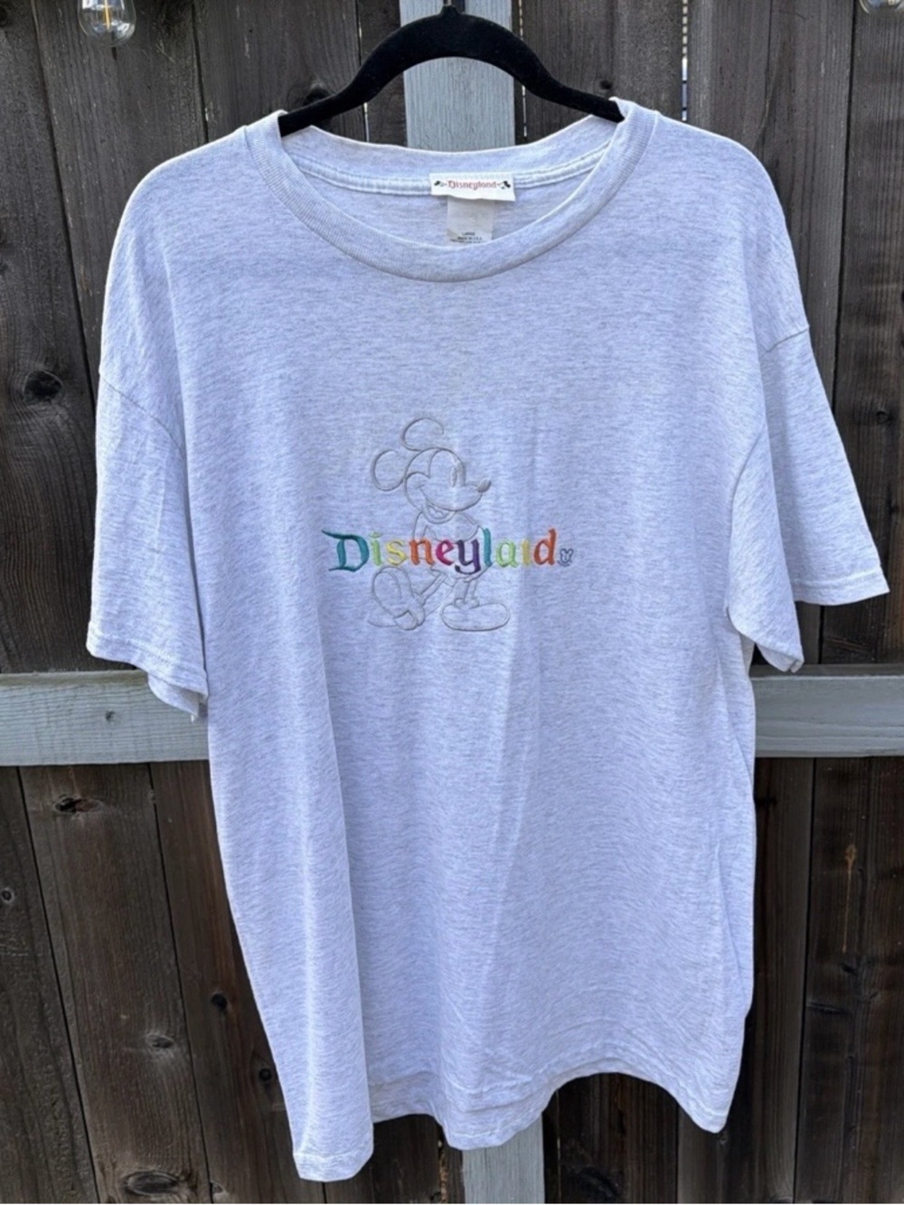 Vintage Disneyland Shirt Mens L Gray Embroidered Rainbow Mickey USA Collectible